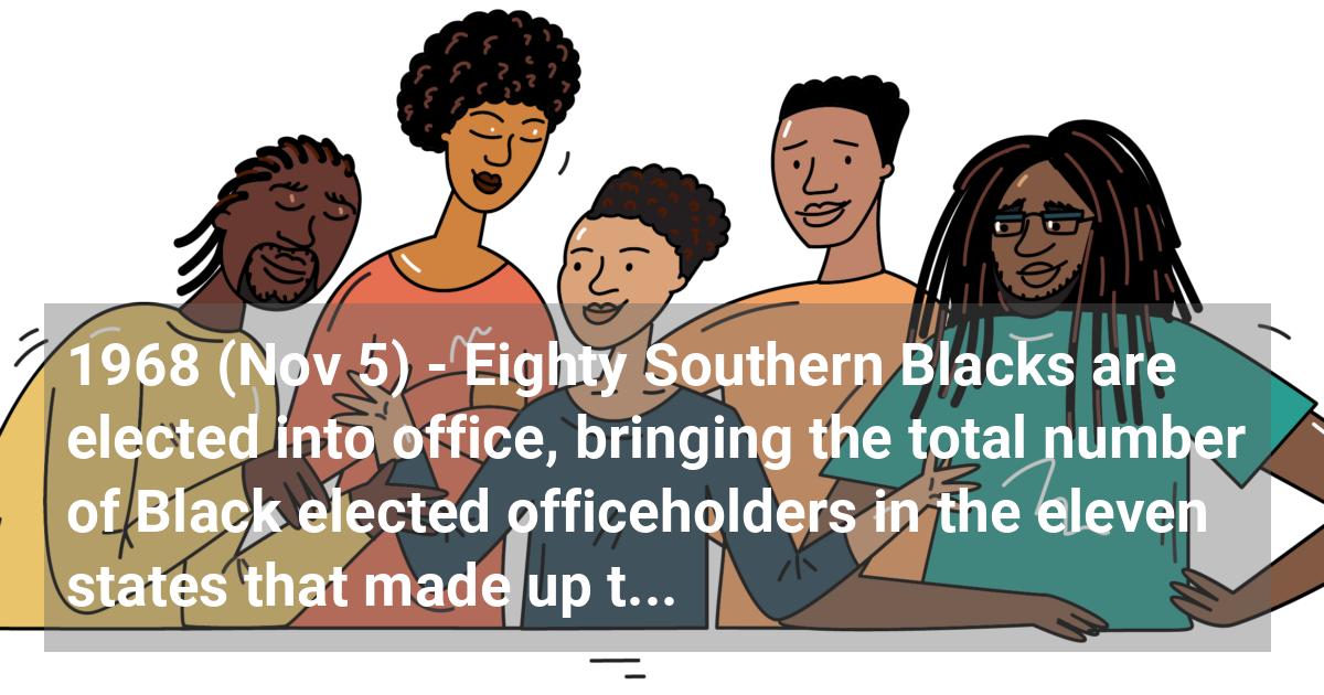 Eighty Southern Blacks are elected into office, bringing the total number of Black elected officeholders in the eleven states that made up the Old Confederacy to nearly four hundred.; ?>
