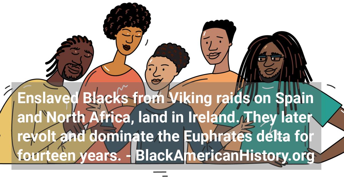 Enslaved Blacks from Viking raids on Spain and North Africa, land in Ireland. They later revolt and dominate the Euphrates delta for fourteen years.; ?>